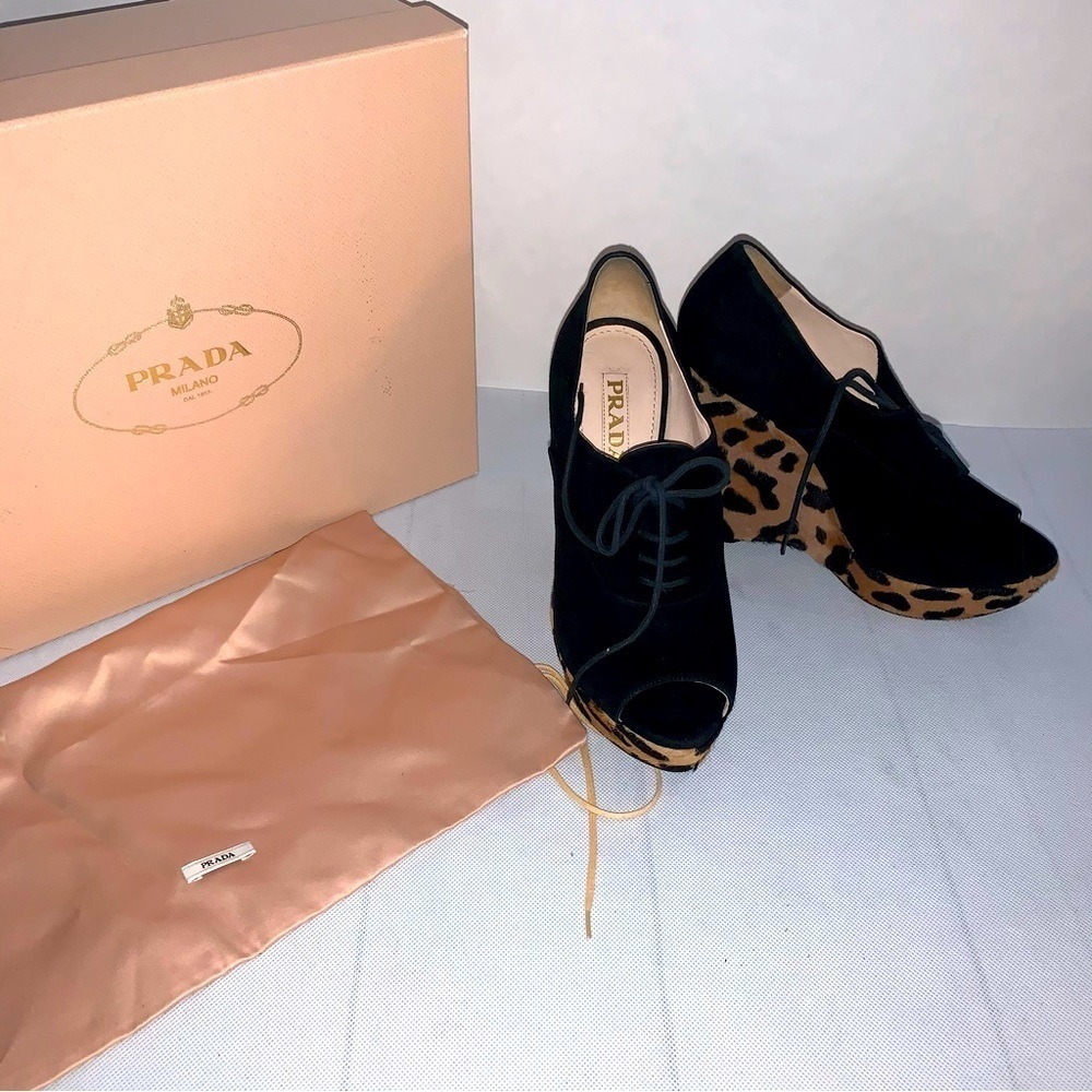 Prada Black Suede Leopard Print Calf Hair Peep Toe Wedges